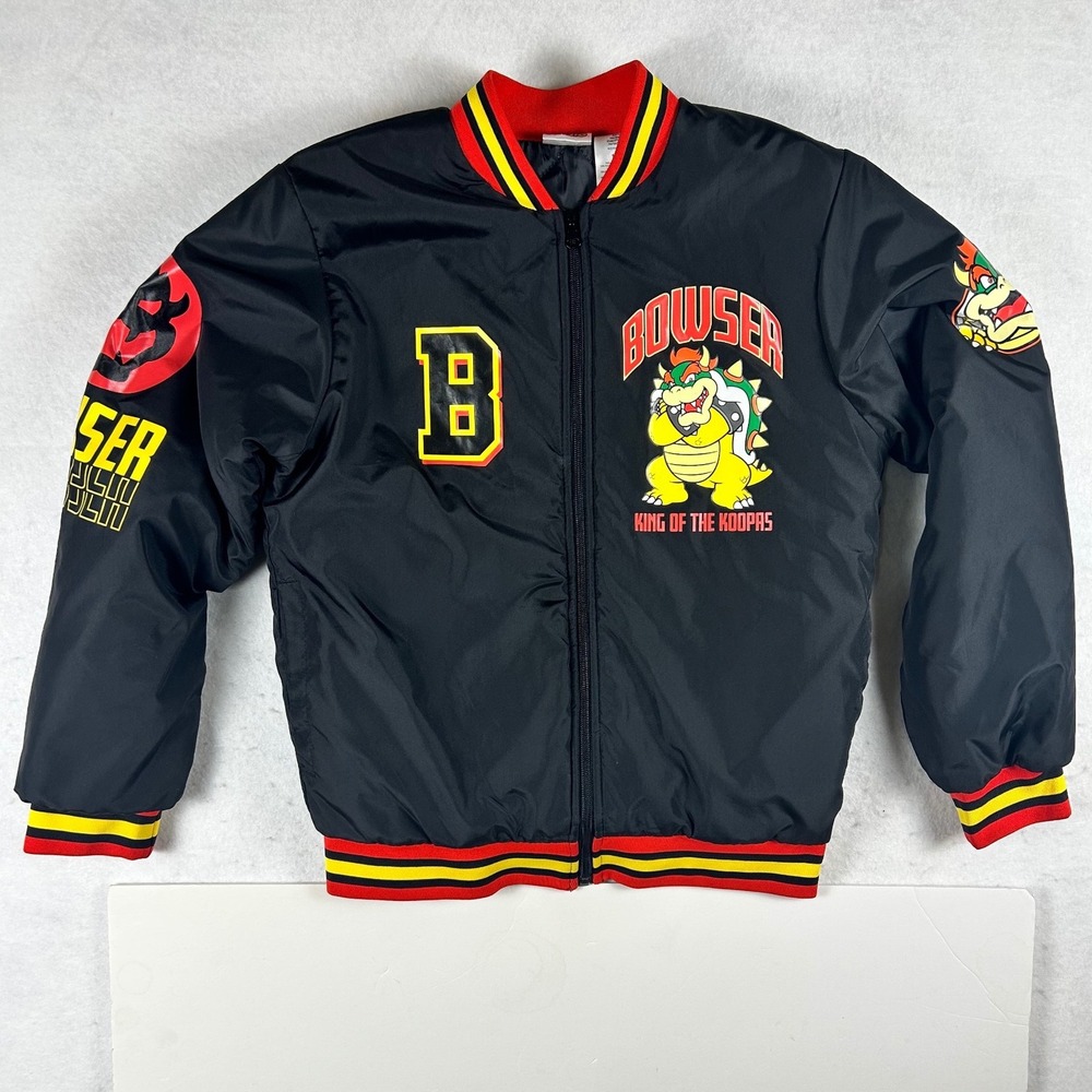 Super Mario Bowser Bomber Jacket Kids 14/16 King of the Koopas Varsity Black